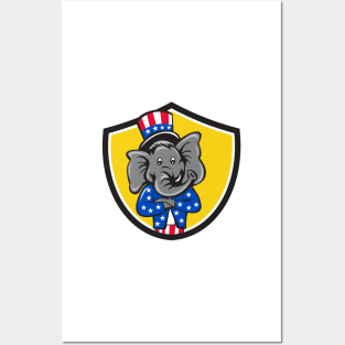 Republican Elephant Mascot Arms Crossed Shield Cartoon Posters and Art